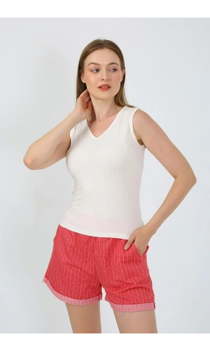 Moda Çizgi Kadın Kalın Askılı Şortlu Pijama Takım Ekru 3632