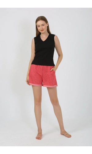 Moda Çizgi Kadın Kalın Askılı Şortlu Pijama Takım Siyah 3632