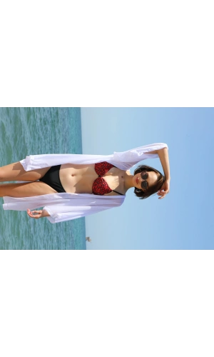 Moda Çizgi Kadın Kimono Pareo Plaj Elbisesi Beyaz 38049