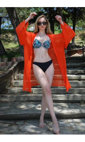 Moda Çizgi Kadın Kimono Pareo Plaj Elbisesi Turuncu 38040