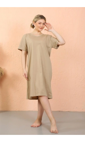 Moda Çizgi Kadın Kısa Kol Diz Altı Over Size Vizon Ev Elbisesi - Geceliği 93410