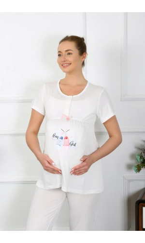 Moda Çizgi Kadın Kısa Kol Hamile Lohusa Pijama Takımı Ekru 45210