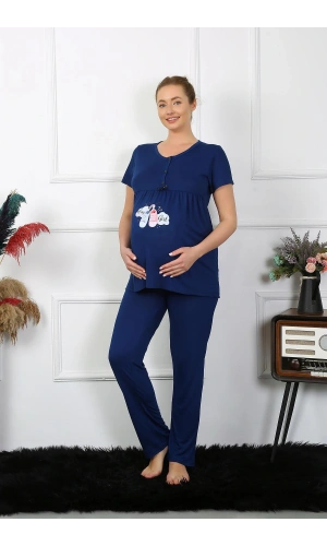 Moda Çizgi Kadın Kısa Kol Hamile Lohusa Pijama Takımı Lacivert 45210