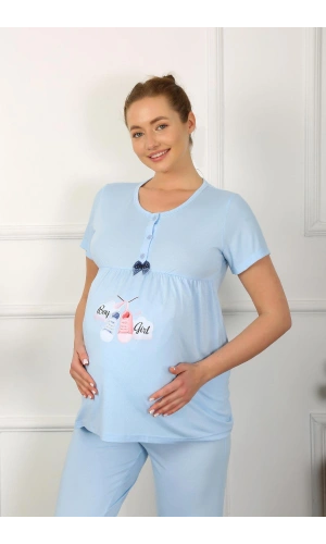 Moda Çizgi Kadın Kısa Kol Hamile Lohusa Pijama Takımı Mavi 45210