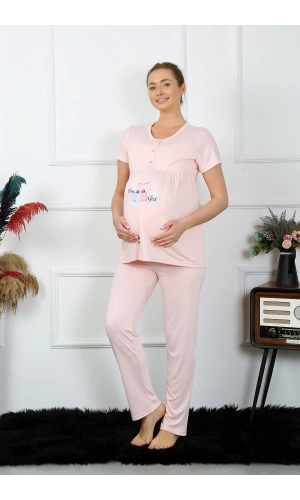 Moda Çizgi Kadın Kısa Kol Hamile Lohusa Pijama Takımı Pudra 45210