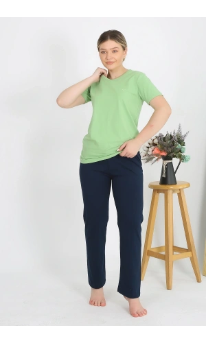 Moda Çizgi Kadın Kısa Kol Pamuk Penye Pijama Takım Fıstık Yeşili 4215