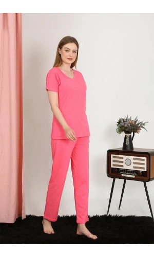 Moda Çizgi Kadın Kısa Kol Pamuk Penye Pijama Takım Fuşya 4213