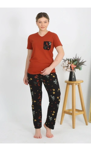 Moda Çizgi Kadın Kısa Kol Pamuk Penye Pijama Takım Kremit 4214