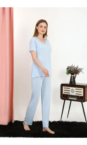 Moda Çizgi Kadın Kısa Kol Pamuk Penye Pijama Takım Mavi 4213