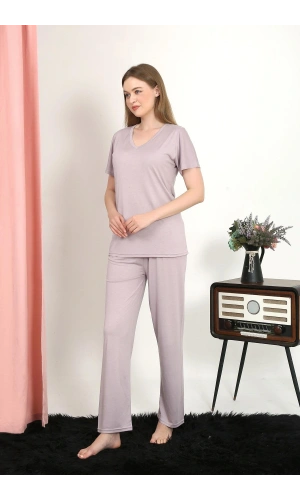 Moda Çizgi Kadın Kısa Kol Pamuk Penye Pijama Takım Pudra 4213