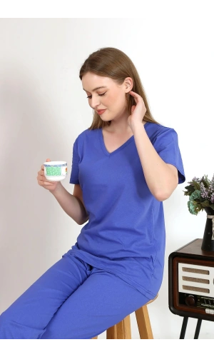 Moda Çizgi Kadın Kısa Kol Pamuk Penye Pijama Takım Saks 4213