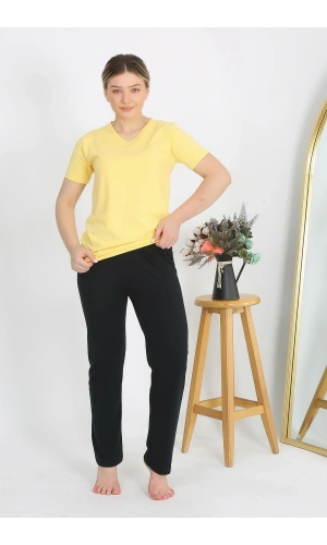 Moda Çizgi Kadın Kısa Kol Pamuk Penye Pijama Takım Sarı 4215