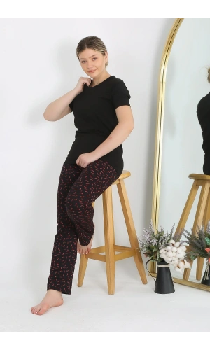 Moda Çizgi Kadın Kısa Kol Pamuk Penye Pijama Takım Siyah 4214