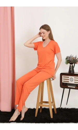 Moda Çizgi Kadın Kısa Kol Pamuk Penye Pijama Takım Turuncu 4213