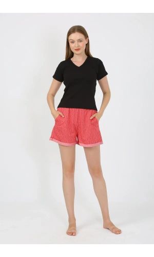 Moda Çizgi Kadın Kısa Kol Penye Şortlu Pijama Takım Siyah 3633