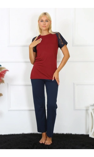 Moda Çizgi Kadın Kolu Dantelli Penye Pijama Takım 4149