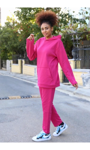 Moda Çizgi Kadın Pamuk Kapşonlu Cepli 3 İplik Fuşya Eşofman Takım 9037