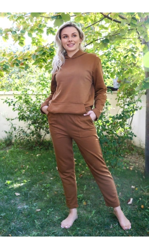 Moda Çizgi Kadın Pamuk Kapşonlu Cepli 3 İplik Kahve Eşofman Takım 9037