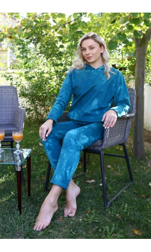 Moda Çizgi Kadın Pamuk Kapşonlu Cepli 3 İplik Turkuaz Eşofman Takım 9037