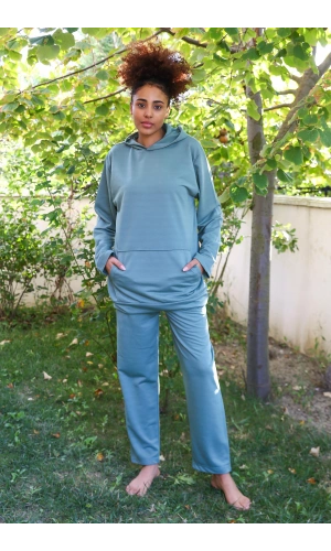 Moda Çizgi Kadın Pamuk Kapşonlu Cepli 3 İplik Yeşil Eşofman Takım 9037