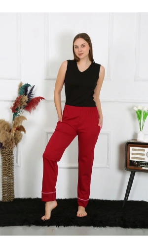 Moda Çizgi Kadın Pamuk Penye Cepli Tek Alt Pijama Bordo 27512