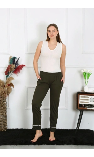 Moda Çizgi Kadın Pamuk Penye Cepli Tek Alt Pijama Haki 27512