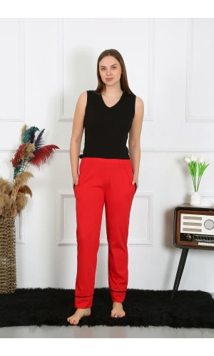 Moda Çizgi Kadın Pamuk Penye Cepli Tek Alt Pijama Kırmızı 27512