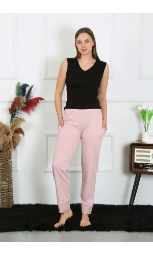 Moda Çizgi Kadın Pamuk Penye Cepli Tek Alt Pijama Pudra 27512