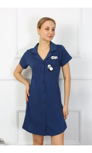Moda Çizgi Kadın Pamuk Penye Kısa Kol Düğmeli Lacivert Tunik Gecelik 13109