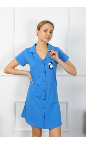 Moda Çizgi Kadın Pamuk Penye Kısa Kol Düğmeli Mavi Tunik Gecelik 13109