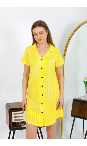 Moda Çizgi Kadın Pamuk Penye Kısa Kol Düğmeli Sarı Tunik Gecelik 13111