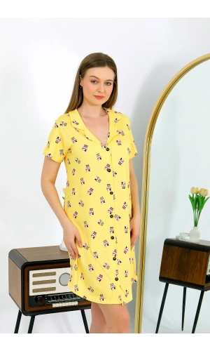 Moda Çizgi Kadın Pamuk Penye Kısa Kol Düğmeli Sarı Tunik Gecelik 13112