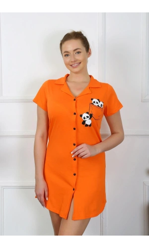 Moda Çizgi Kadın Pamuk Penye Kısa Kol Düğmeli Turuncu Tunik Gecelik 13109