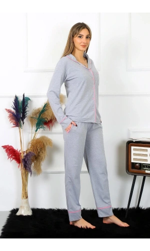 Moda Çizgi Kadın Pamuk Penye Önden Düğmeli Uzun Kol Gri Pijama Takım 2782