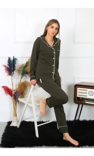 Moda Çizgi Kadın Pamuk Penye Önden Düğmeli Uzun Kol Haki Pijama Takım 2782