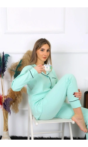 Moda Çizgi Kadın Pamuk Penye Önden Düğmeli Uzun Kol Su Yeşili Pijama Takım 2782