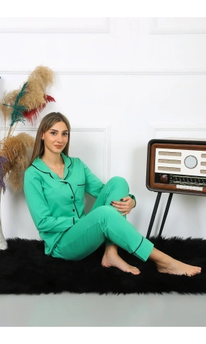 Moda Çizgi Kadın Pamuk Penye Önden Düğmeli Uzun Kol Yeşil Pijama Takım 2782