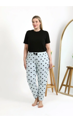 Moda Çizgi Kadın Pamuklu Büyük Beden Alt Pijama 27557 Buz Mavisi