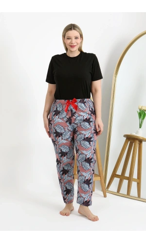 Moda Çizgi Kadın Pamuklu Büyük Beden Alt Pijama 27557 Somon