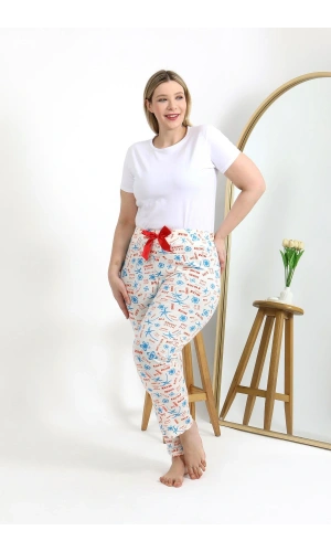 Moda Çizgi Kadın Pamuklu Büyük Beden Alt Pijama 27558 Ekru