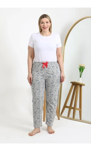 Moda Çizgi Kadın Pamuklu Büyük Beden Alt Pijama 27558 Gri