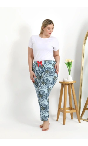Moda Çizgi Kadın Pamuklu Büyük Beden Alt Pijama 27558 Mavi