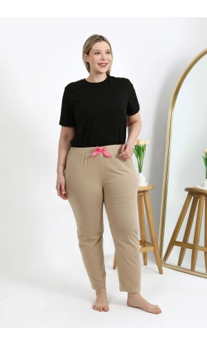 Moda Çizgi Kadın Pamuklu Büyük Beden Alt Pijama 27559 Bej