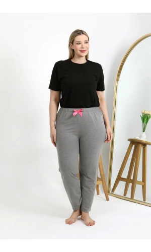 Moda Çizgi Kadın Pamuklu Büyük Beden Alt Pijama 27559 Gri
