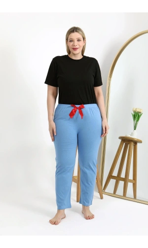 Moda Çizgi Kadın Pamuklu Büyük Beden Alt Pijama 27559 Mavi