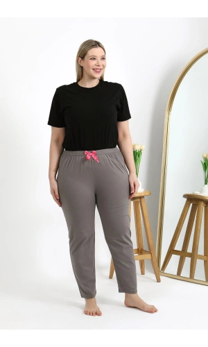 Moda Çizgi Kadın Pamuklu Büyük Beden Alt Pijama 27559 Vizon