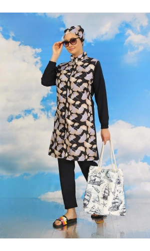 Moda Çizgi Kadın Pantolonlu Desenli Tam Tesettür Mayo Lacivert 31070