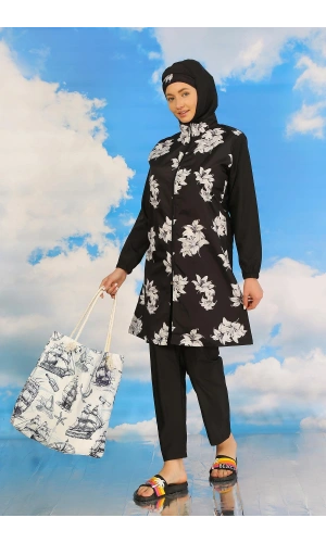 Moda Çizgi Kadın Pantolonlu Desenli Tam Tesettür Mayo Siyah 31070