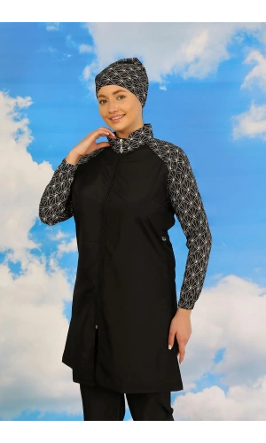 Moda Çizgi Kadın Pantolonlu Desenli Tam Tesettür Mayo Siyah 31072