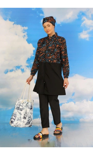 Moda Çizgi Kadın Pantolonlu Desenli Tam Tesettür Mayo Siyah 31075